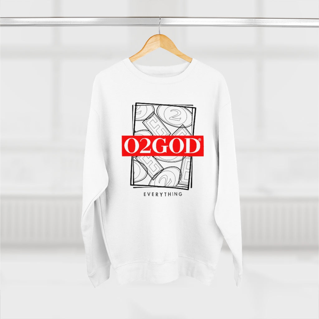 Printify O2GOD Red Block Outline Premium Crewneck Sweatshirt L White